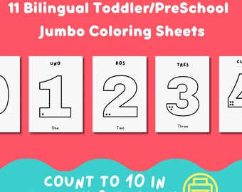 Learn to Count Color Pages, Count to 10 in English, Spanish Home School Activity, Counting in Spanish, Printable, Preschool Coloring Page