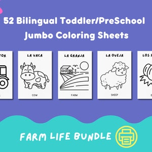 Farm Animal Coloring Pages, Bilingual Coloring Bundle, English Spanish Activity, Toddler Coloring Book, Printable, Preschool Coloring Page