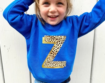 Kids Personalised Metallic Gold Leopard Print Initial Sweatshirt