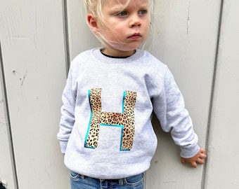 Kids Personalised Metallic Turquoise Leopard Print Initial Sweatshirt