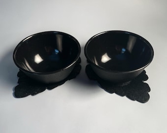 Set of 2 Black Japanese Cast Iron Teacups & Saucers Leaf Design