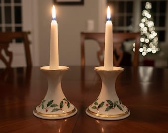 Lenox Holiday 3 3/4 In Flared Candlesticks Holly Berry Porcelain 24K Gold Detail