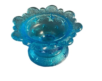 Vintage Miniature Salt Cellar Scalloped Edges And Stars Clear Aqua Blue
