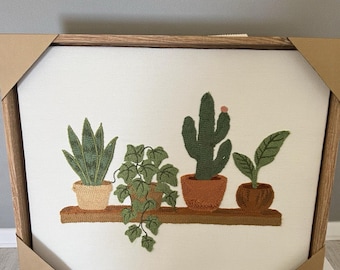 New BP Home Textile Embroidery Woven Art Framed Bookshelf Potted Plants 12x14.5