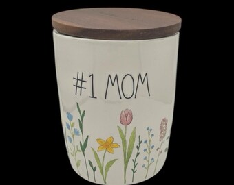Rae Dunn # 1 Mom Short Canister Wood Lid Watercolor Flowers Mother’s Day 5.5 In