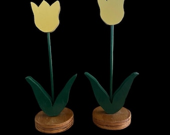 Vintage Hand Made Folk Art Wooden Tulips Yellow And Green Free Standing