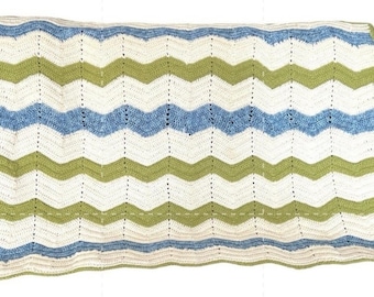 Crochet Handmade Lap Blanket Wheel Chair Afghan Chevron Ripple Blue Green White