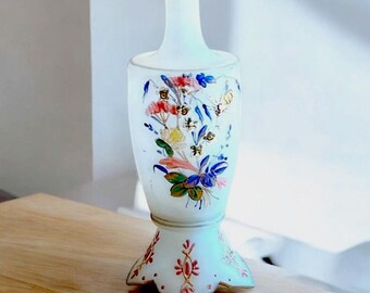 Vintage Hand Painted Bristol Glass Opaline Vase Butterflies Flowers Pink Signed