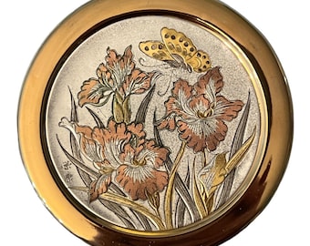 Art Of Chokin 24KT Gold Engraving Edged Trinket Box Butterfly and Flowers 4 Inch