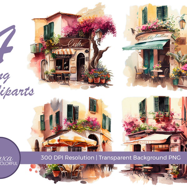 Watercolor Italian Cafe clipart. Digital watercolor. Bakery pastel clipart. Italy Cafe Coffee png. Free commercial use. Watercolor Italy png