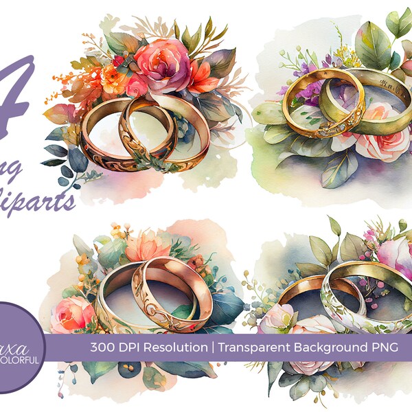 Watercolor Floral Wedding Rings clipart png. Digital watercolor. Wedding pastel clipart. Free commercial use. Watercolor Rings clipart png.