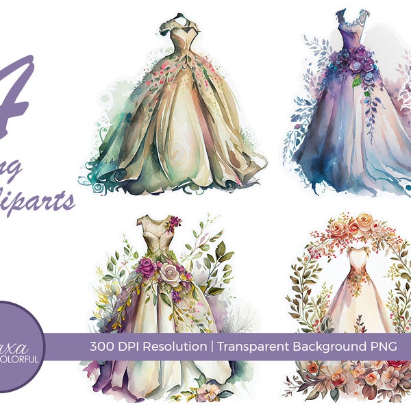 Watercolor Floral Wedding Dress clipart png. Digital watercolor. Wedding pastel clipart. Free commercial use. Watercolor Dress clipart png.