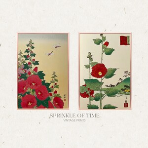 Red Hollycock Flowers & Dragonfly Printable Art | Vintage Prints | Botanical Wall Art | Digital Download | Japanese Art | JA-01
