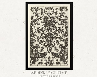 Vintage Black & White Textile Pattern | Printable Art | Digital Download | Craft Room Decor | Antique Tapestry | Vintage Tapestry | TE-04