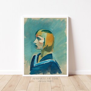 May include: A vintage painting of a person with short, blonde hair, wearing a blue shirt with a white collar. The background is a light blue color.