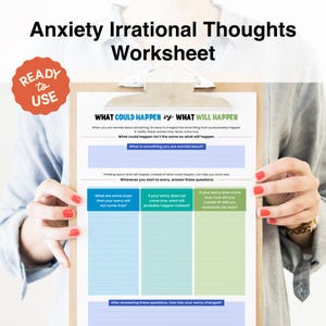 May include: A printable worksheet titled "Anxiety Irrational Thoughts Worksheet" with a green and white background. The worksheet is divided into three columns with the headings "What are some clues that your worry will not come true?", "If your worry does not come true, what will probably happen instead?", and "If your worry does come true, how will you handle it? Will you eventually be okay?"