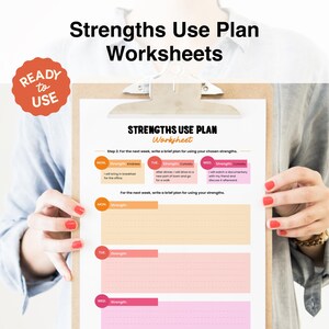 May include: A printable worksheet with a pink and orange colour scheme. The worksheet is titled "Strengths Use Plan Worksheet" and includes a section for writing a brief plan for using your strengths each day of the week.