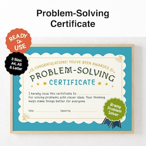 Puede incluir: Un certificado imprimible azul y amarillo con el texto "Problem-Solving Certificate". El certificado está decorado con estrellas, corazones y un borde dorado. Dice "¡Felicidades! Se le ha otorgado..." y "Por la presente, expido este certificado a... por resolver problemas con ideas inteligentes. Su forma de pensar ayuda a mejorar las cosas para todos."