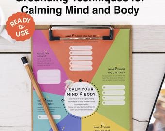 Grounding Techniques Worksheet: CBT Therapy for Stress Relief (Digital Download)