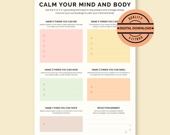 Grounding Techniques for Calming Mind and Body: Interactive Printable Worksheet - CBT Therapy for Wellness and School Counseling. GoodNotes