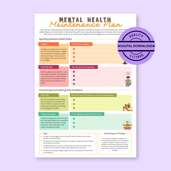 Mental Health Maintenance Plan: Fillable, Instant Download & Printable Worksheet - CBT Therapy for Wellness and Counseling. GoodNotes