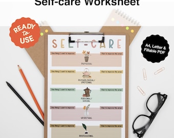 Self-Care Worksheet | Improve Emotional, Physical, and Social Well-Being | Wellness Tool for CBT Therapy & Counseling | Printable, Digital