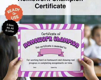 Homework Champion Certificate of Achievement | Hard Work Recognition | Student Motivation Award | Positive Psychology | Printable