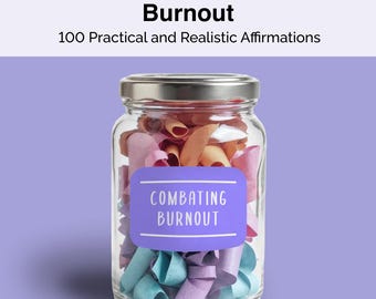 May include: A glass jar filled with colorful paper scrolls, labeled "Combating Burnout". The jar is on a purple background.