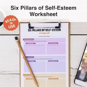Self-Esteem 6 Pillars Worksheet | CBT Therapy for Wellness and Counseling | Fillable, Instant Download & Printable Workbook | GoodNotes