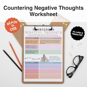 Countering Negative Thoughts Worksheet | Thought Reframing Activity | Mental Health Reflection journal Page | CBT Therapy & Counseling Tool