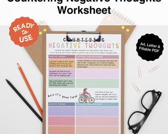 Countering Negative Thoughts Worksheet | Thought Reframing Activity | Mental Health Reflection journal Page | CBT Therapy & Counseling Tool