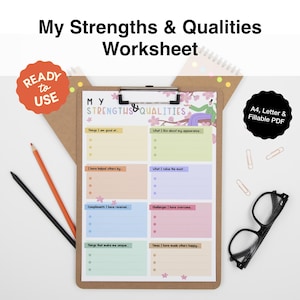 My Strengths and Qualities Worksheet | Self-Esteem Activity | Wellness Tool for CBT Therapy & School Counseling | Printable and Digital