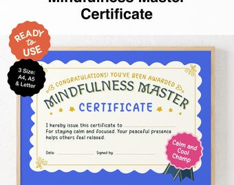 Mindfulness Master Certificate of Achievement | Classroom Reward | Instant Download & Printable | Positive Psychology