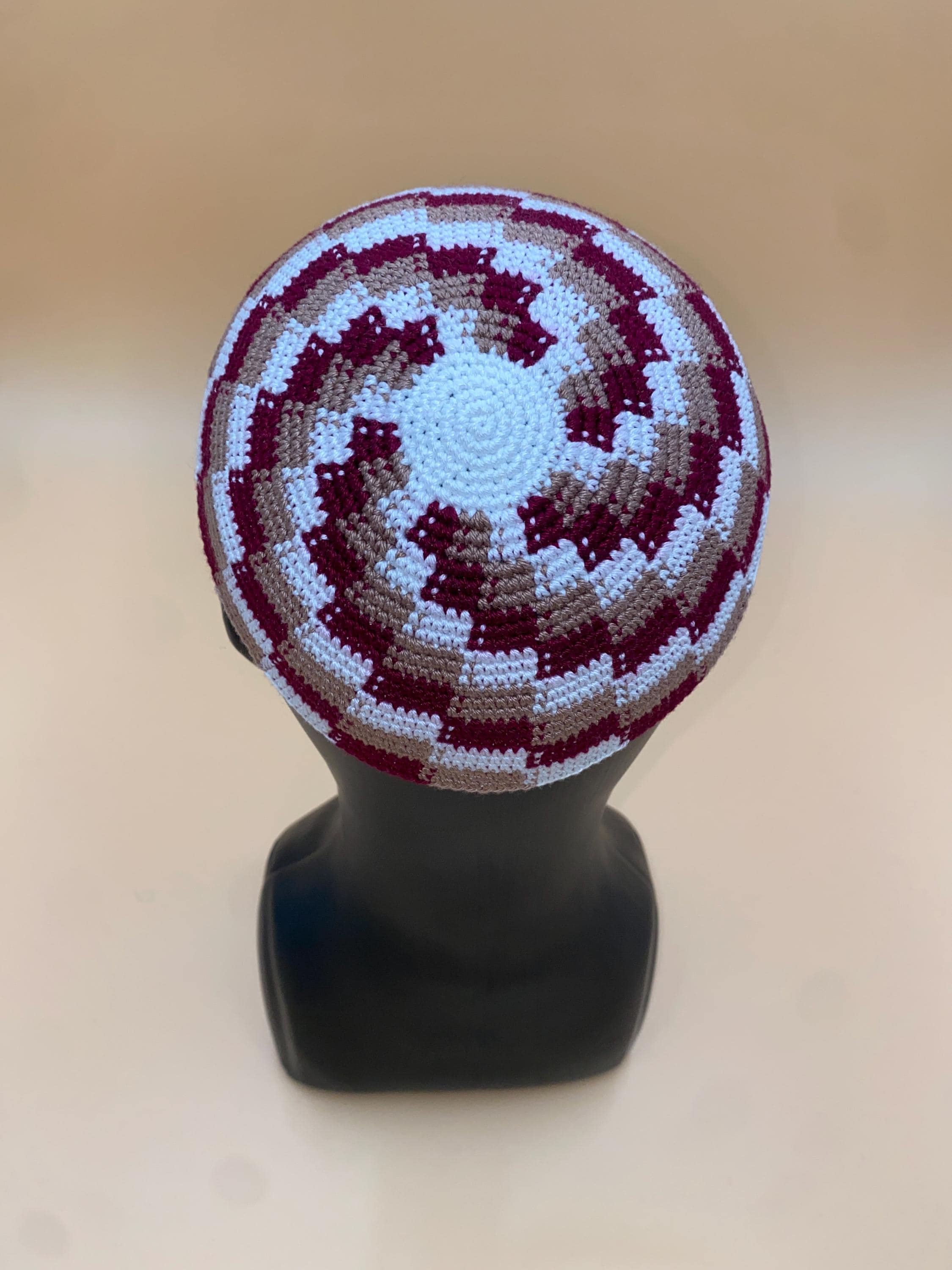 26 Crochet Kippah Patterns for Everyday Wear, Gifts, and Judaica-Inspired Style 20 Burgundy, White, and Beige Crochet Kippah, 18 cm
