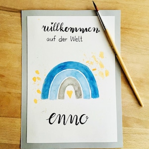 Handgemalte Karte zur Geburt | Karte A5 | Geschenk | Personalisiert | Original Aquarell