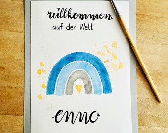 Handgemalte Karte zur Geburt | Karte A5 | Geschenk | Personalisiert | Original Aquarell