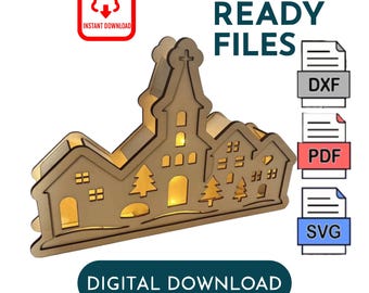 Pueblo navideño de madera 3D SVG: decoración navideña LED cortada a láser en capas, descarga digital DIY