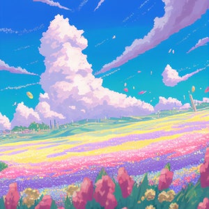 Anime Art Scenery Field of Flowers with Puffy Clouds