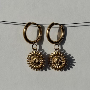 Gold Sun Hoop Earrings, 18k Gold PVD Stainless Steel, Water Resistant