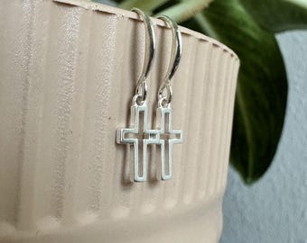 Dainty Sterling Silver Cross Earrings, Christian Jewelry Gift