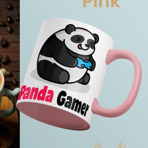 Panda Gamer Coffee Mug by UMUZI | Gamers & Coffee Lovers | 11oz Java Mug | Featuring Gamer Panda w Joystick | Offers 5 Colors 1 Size 11 oz