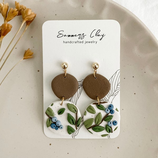 Clay Earring | Organic Circle Blueberry Leafy | Lightweight Dangles | Handcrafted Gift| Fun Comfy Everyday Wear | Cute Drops | Gifts for Her