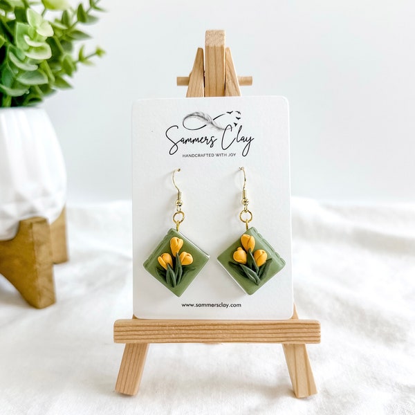 Clay Earrings | Green Book Tulip Folral Dangles | Fun All Season Jewelry | Lightweight  Comfy | Unique Gift for Bookworms Daughter Mom Her