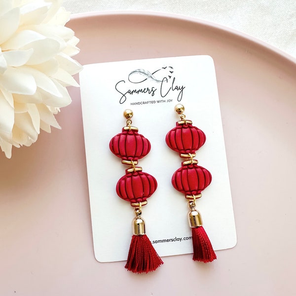 Clay Earrings | Double Red Lanterns | Handcrafted | Valentine Gifts | Fun Comfy Lightweight Dangles | Lunar New Year Jewelry | Gifts for Her