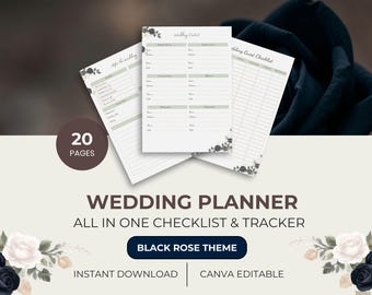 May include: A 20-page wedding planner featuring a black rose theme. The printable pages include a wedding contact list, a guest checklist, and an after-the-wedding tracker. The design features white paper with black rose floral accents and text.