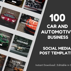 May include: A collection of 100 car and automotive business social media post templates featuring various sports car imagery, text overlays, and graphic design elements. The templates are presented in a grid layout with a dark gray background.