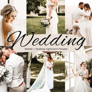May include: A collection of wedding photography presets for mobile and desktop Lightroom. The presets are designed to enhance the colors and tones of wedding photos, creating a warm and romantic look.