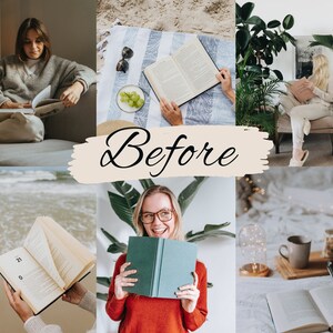 Op de afbeelding: Een collage van zes afbeeldingen met mensen die boeken lezen in verschillende omgevingen. De afbeeldingen tonen een vrouw die een boek leest op een bank, een vrouw die een boek leest op een stranddeken, een vrouw die een boek leest op een stoel, een vrouw die een boek leest op een strand, een vrouw die een boek leest in een kamer met planten en een boek dat open ligt op een tafel met een kop koffie.