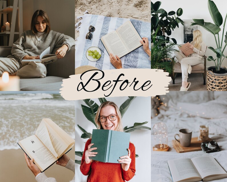 Op de afbeelding: Een collage van zes afbeeldingen met mensen die boeken lezen in verschillende omgevingen. De afbeeldingen tonen een vrouw die een boek leest op een bank, een vrouw die een boek leest op een stranddeken, een vrouw die een boek leest op een stoel, een vrouw die een boek leest op een strand, een vrouw die een boek leest in een kamer met planten en een boek dat open ligt op een tafel met een kop koffie.