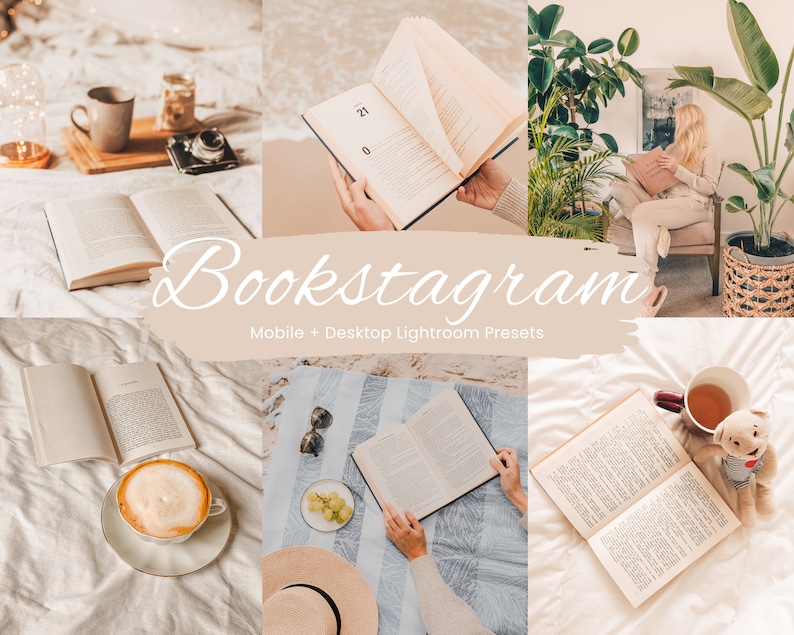 Op de afbeelding: Een collage van afbeeldingen met boeken, koffie en planten. De afbeeldingen zijn gestyled voor een bookstagram-esthetiek. De tekst "Bookstagram" is geschreven in een gestileerd lettertype over de afbeeldingen. De tekst "Mobile + Desktop Lightroom Presets" staat onder het woord "Bookstagram".